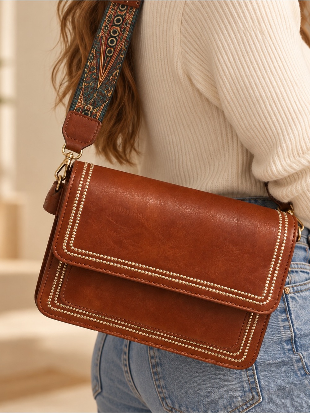 Classic Brown Leather Crossbody Bag with Embellished Trim